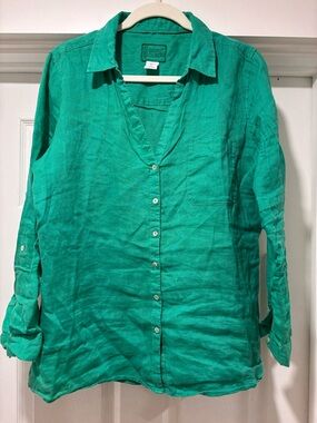 SIGRID OLSEN Women’s Kelly-Green Linen Button-Down Shirt (L)